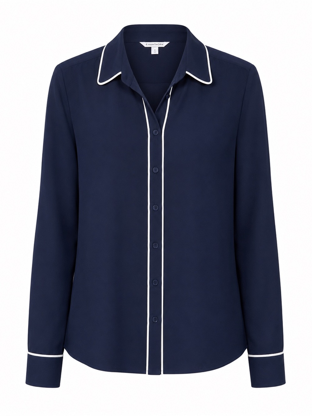 41 Hawthorn Navy Button-Front Blouse with White Piping